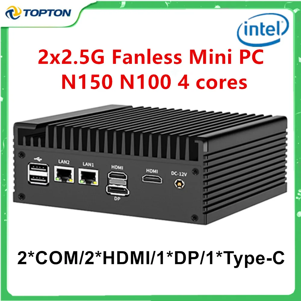 Фото Промышленный мини-ПК Topton 2x2.5G Nics Intel N150 N100 безвентиляторный, 2*COM, NVMe, DDR4, 2*HD, 1*DP, Type-C, с функцией фаервола №1