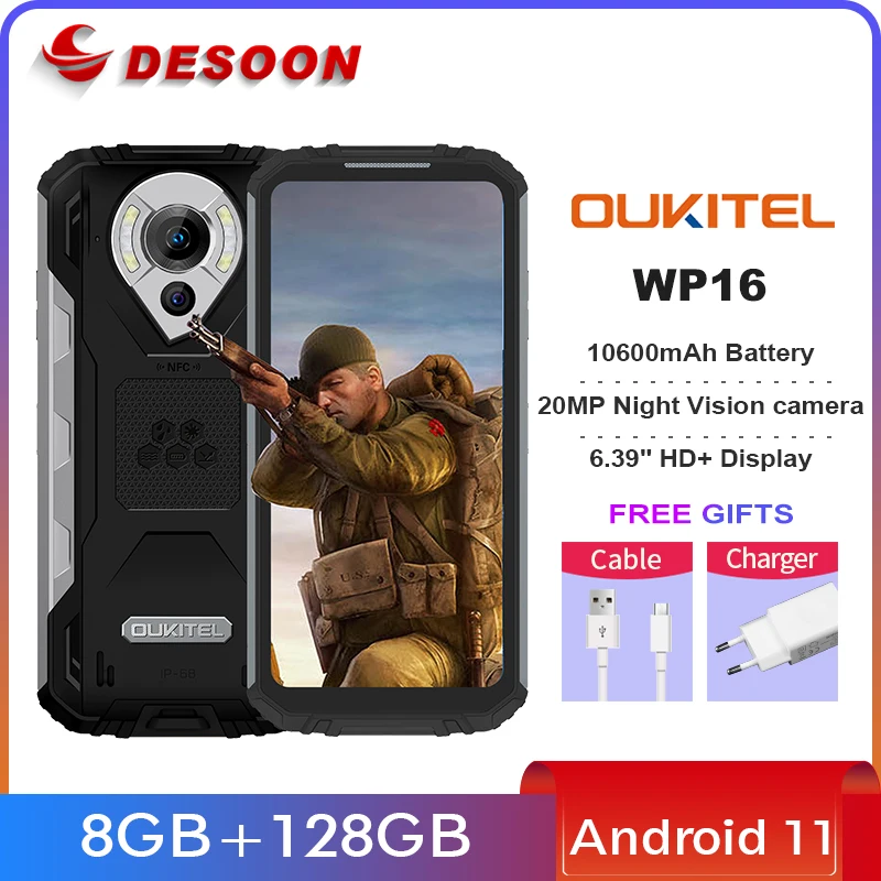 OUKITEL WP16 10600mAh 8GB+128GB Rugged Smartphone 6.39'' HD+ 20MP Night Vision Cellphone Helio P60 Octa Core NFC Cell phone