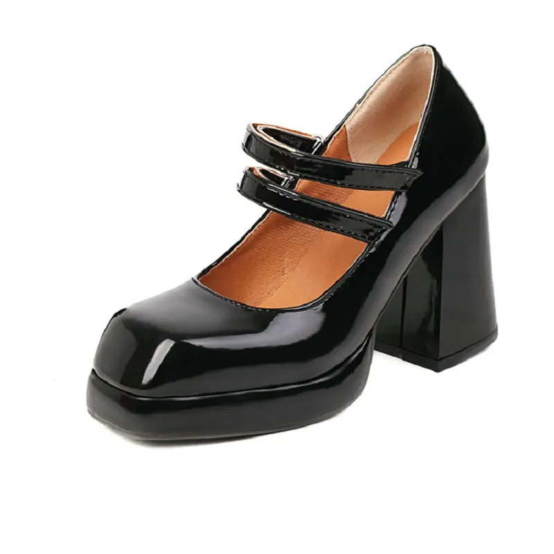 

Size 33-48 Patent Leather Plain White Black Hook&Loop Closure Platform Pump Heels Office Career Woman Shoes Mary Janes Heels