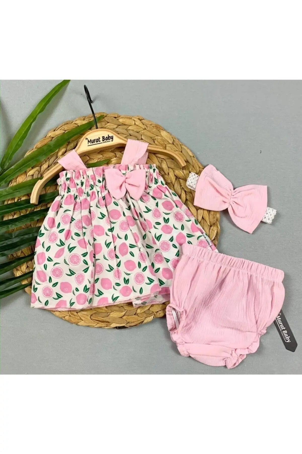 

Fruit Printed Strap Suit Pink Pocket-Free Dress Clothing
