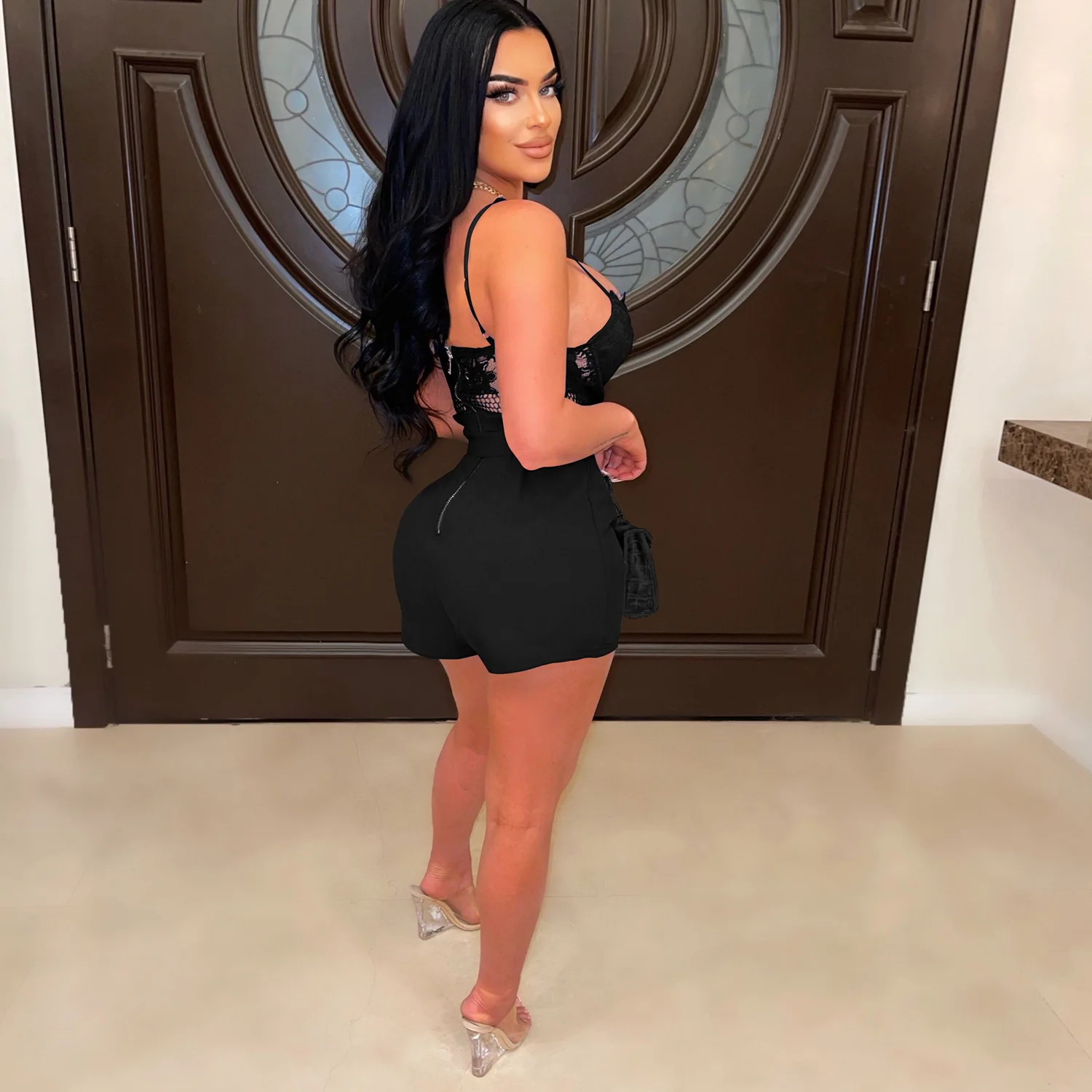 Fashion Women Strap Lace Playsuit Patchwork with Sashes Elastic Sexy Party Jumpsuit 2023 Summer Playsuit One Piece Suit Romper