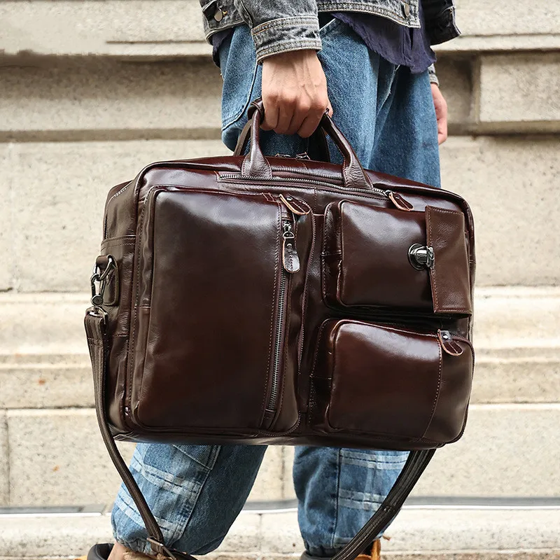 Genuine Leather Versatile retro men's backpack 17 