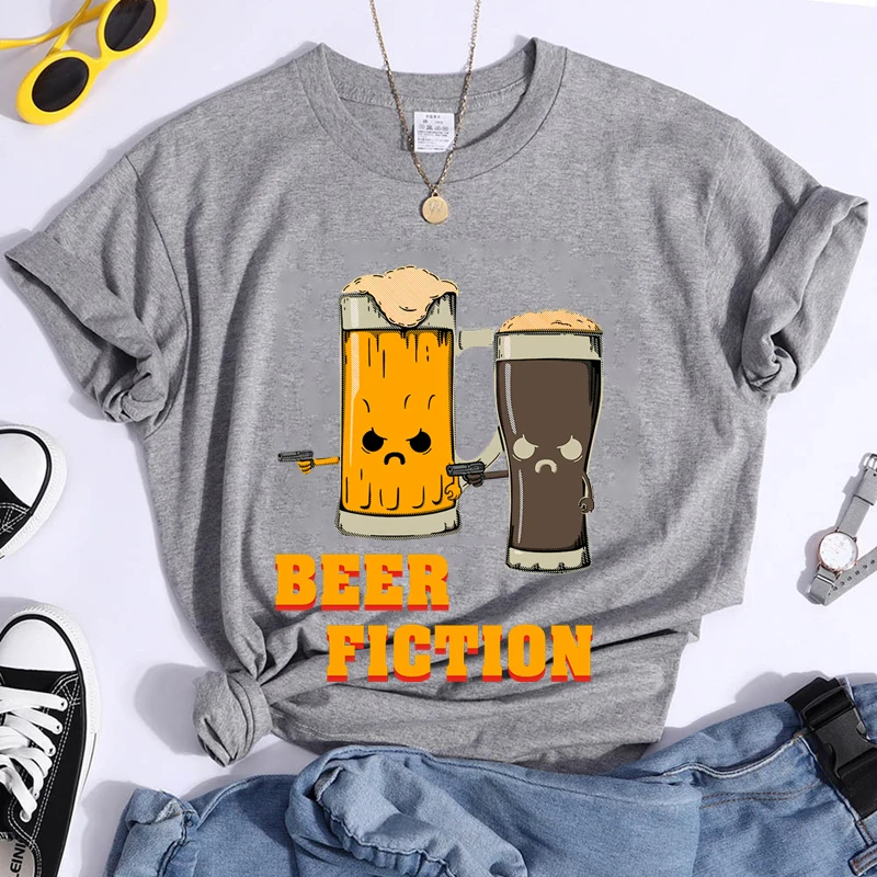 

2022 New Women T Shirt Beer Fiction Print Graphic Short Sleeve T-shirt Female Harajuku 90s Summer Casual O-neck Y2k Clothes Tops
