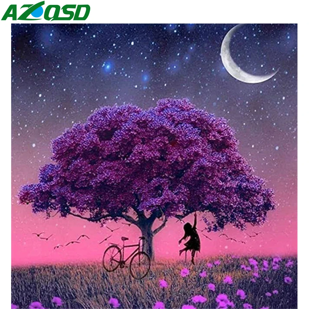 

AZQSD Diamond Embroidery Tree Landscape Needlework Art Diamond Painting 5d Moon Night Starry Sky Handmade Gift Cross Stitch