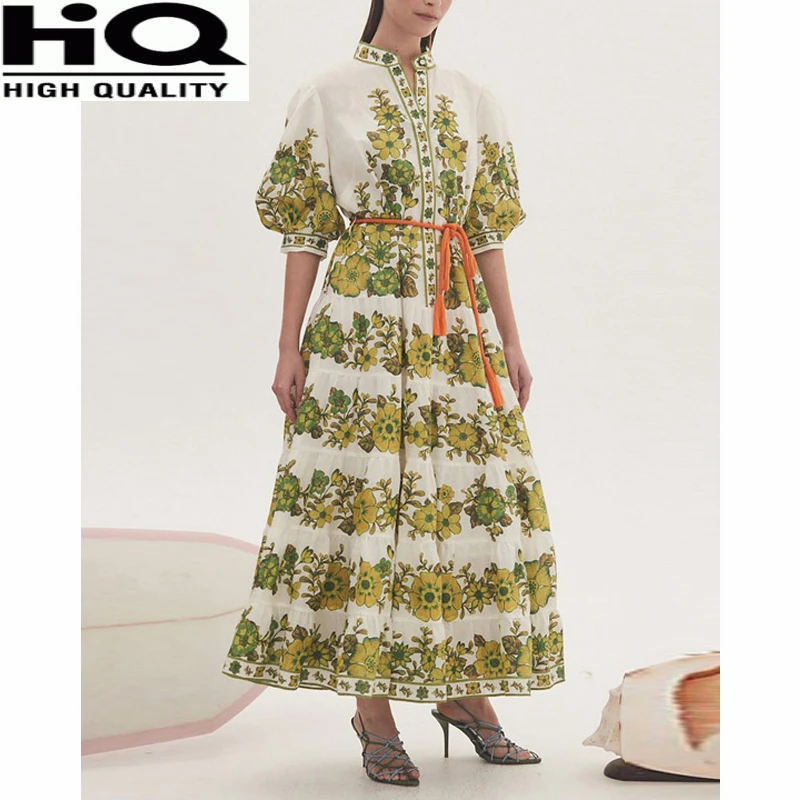 Holiday Fashion Stand Collar Lantern Sleeve Floral Print Cotton With Belt Midi Flared Dress Women