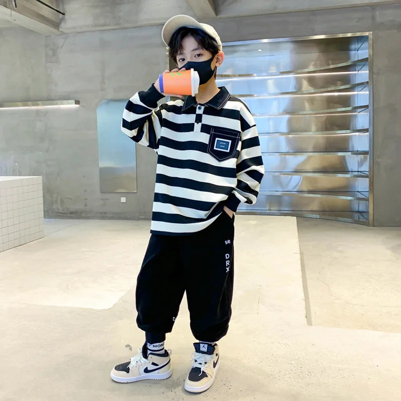

2023 Korean Spring Autumn Children Striped Pullover Sweatshirt+Sweatpant Sets Boy Tracksuit Toddler Outfit Set For 5-14 Years