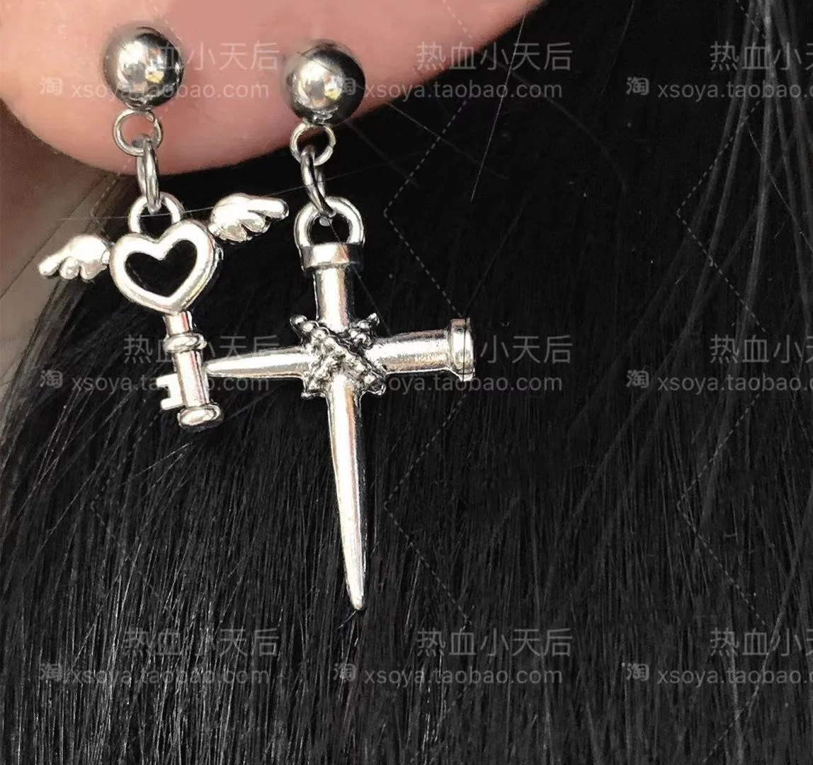 

Jewelry punk exaggerated titanium steel wings cross key Earrings female punk personality Earrings