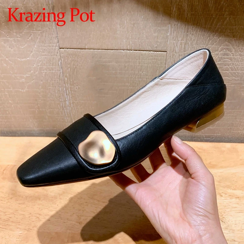 

Krazing pot cow leather small square toe low heel shoes women metal fasteners office lady daily wear slip on fashion pumps L71