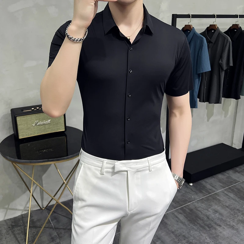 2022 Elasticity Seamless Shirts for Men Summer Short Sleeve Slim Casual Shirt Business Formal Dress Shirts Social Party Blouse