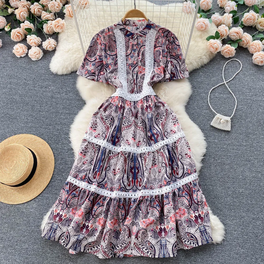 

Dresses New style elegant slim print stitched lace short sleeve women's pleated long