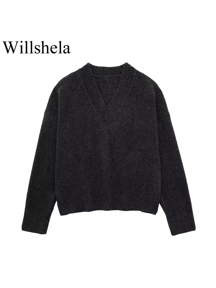 

Willshela Women Fashion Black Knitted Pullover Sweater Vintage V-Neck Long Sleeves Female Chic Lady Tops