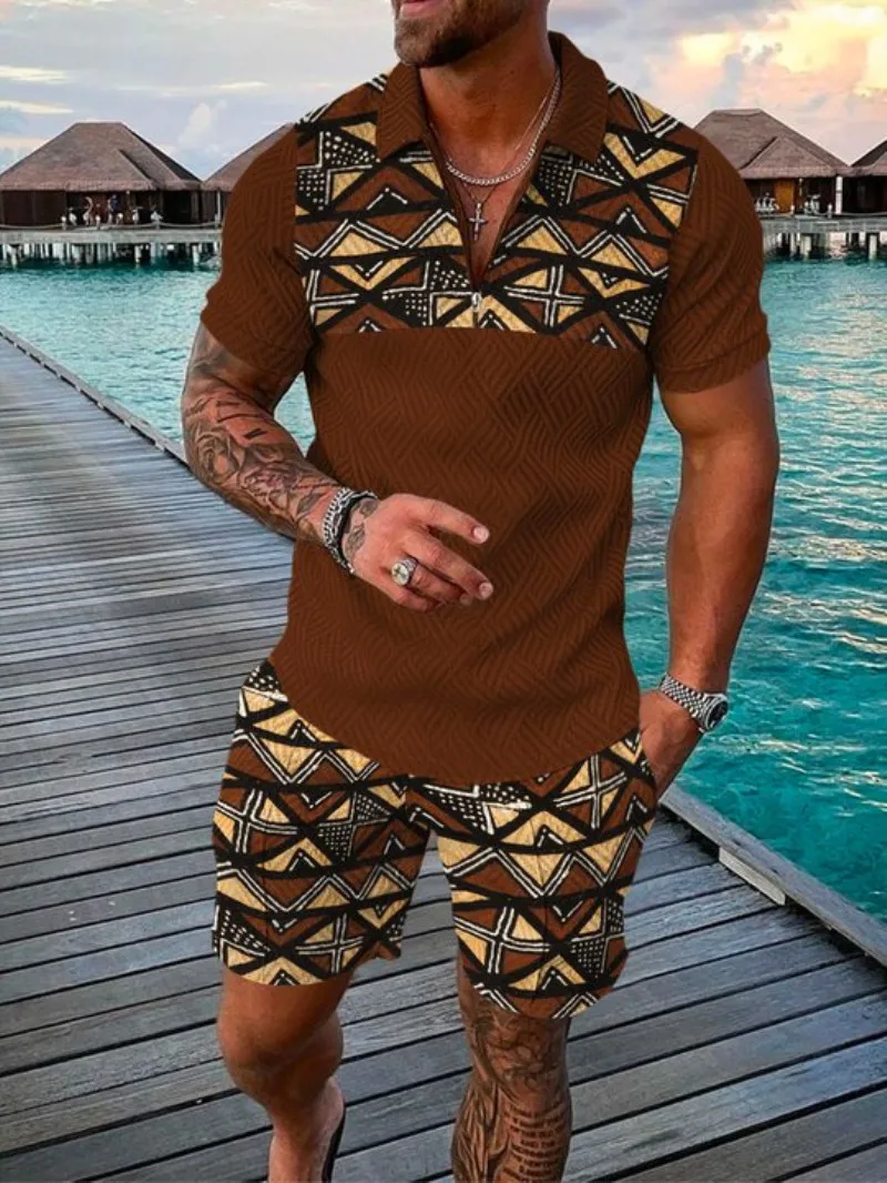

Summer hot style men's gold dot line print Polo suit