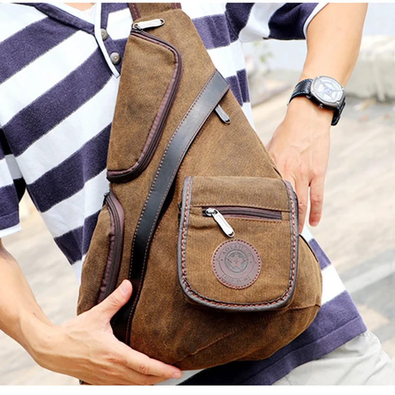 Мужской холщовый рюкзак-слинг дорожная вместительная сумка-мессенджер на ремне