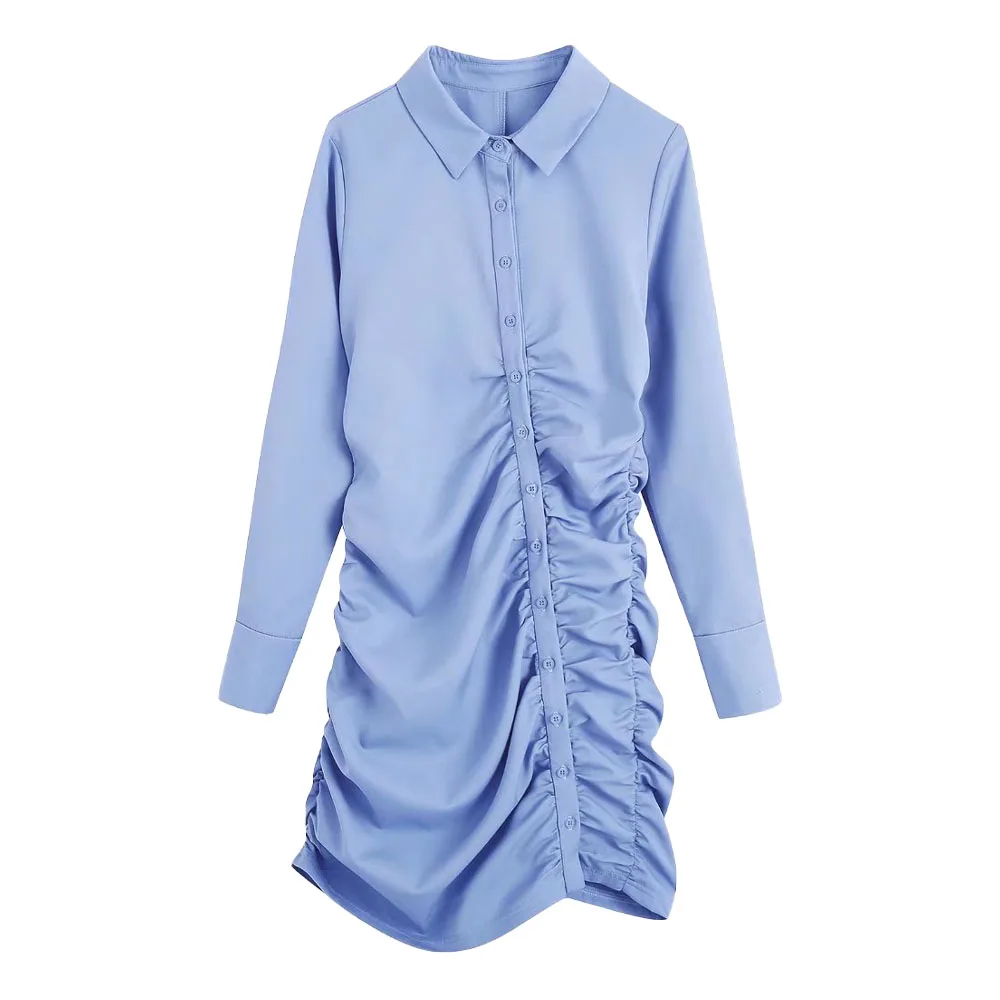 

Женское Плиссированное декоративное платье-рубашка, однотонное платье-рубашка в стиле ретро с длинным рукавом, шикарная мини-юбка, 2022