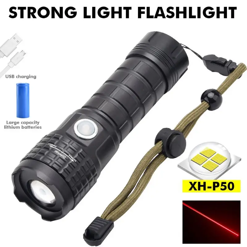 

Portable Searchlight Strong Light Red Laser Light USB Charging Zoom Long-range Flashlight Waterproof Camping Adventure Patrol