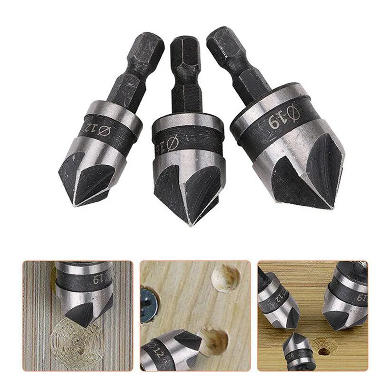 

3PCS Counter Sink Drill Bit Set 1/4'' Hex Shank HSS 5 Flute Countersink 90 Degree Wood Chamfering Cutter Chamfer 6mm-19mm