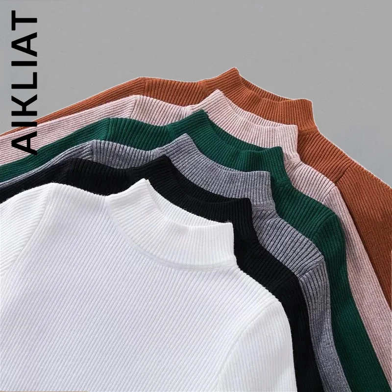 

Модный вязаный женский свитер Aikliat, теплые женские свитера, тонкий вязаный свитер с высоким воротником, уличная одежда, дешевая женская одеж...