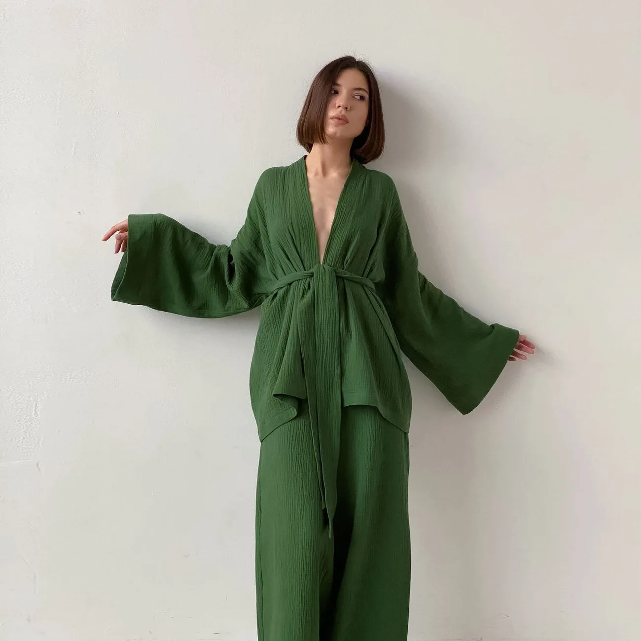 

Spring Summer Women Nightgown Robe Pajama Sets Sleepwear Trouser Suit Drop Sleevers 100% Cotton Bathrobe Freeshipping
