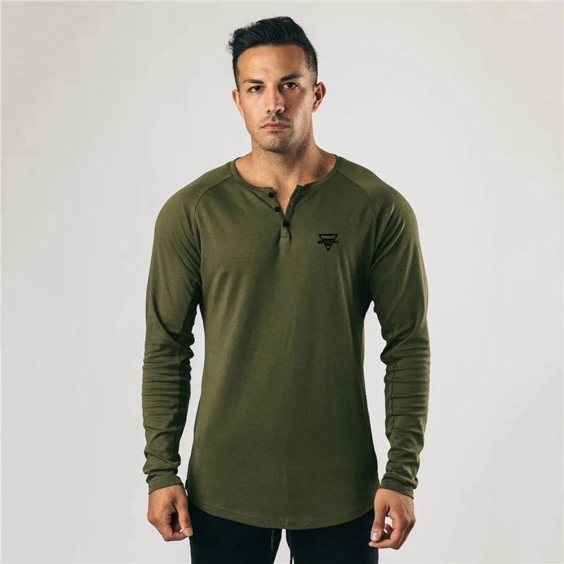 

Thin Men's Long Sleeve Cotton Comfortable T-shirt Henry Neck Fitness Bottoming Slim Top