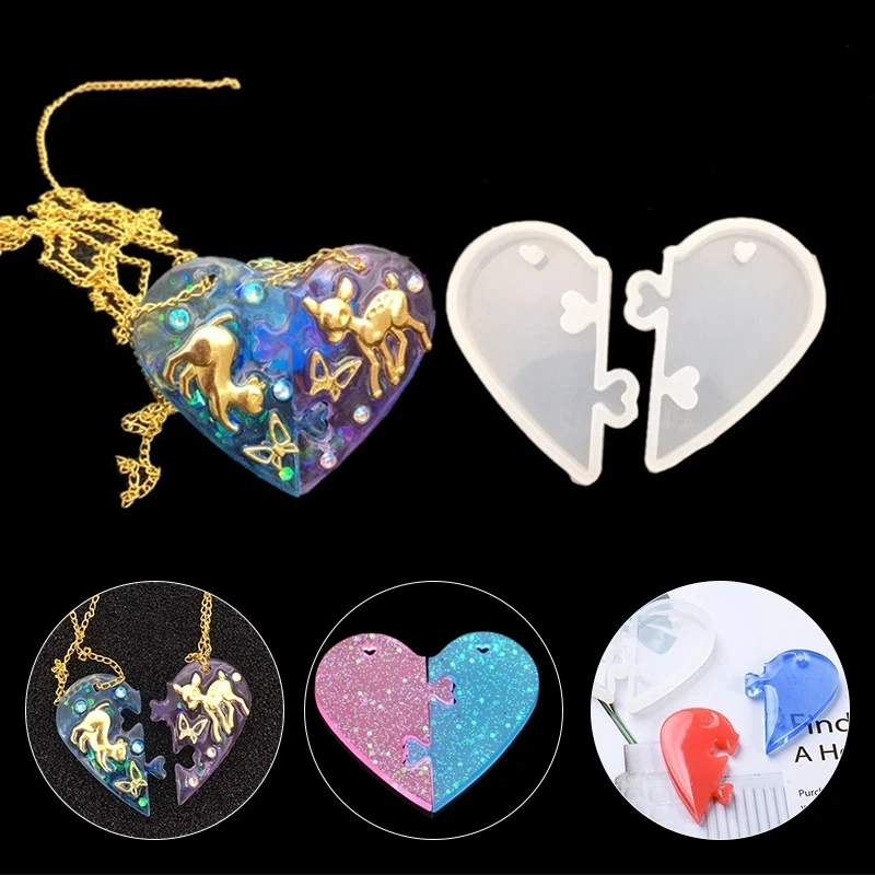 

A Pair of Necklace Pendants Silicone Crystal Epoxy Mold DIY Heart Lock Couple Jewelry Making Tool