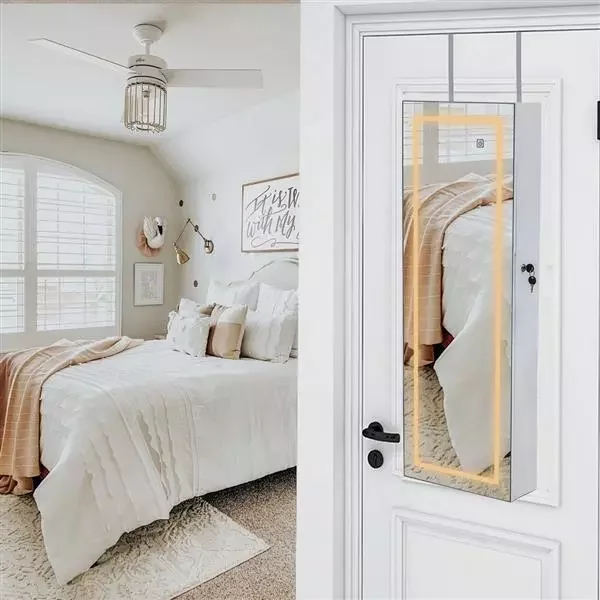 

Full length mirror wooden wall mount 4 layer shelf endoscope 3 color LED light jewelry storage mirror cabinet - white