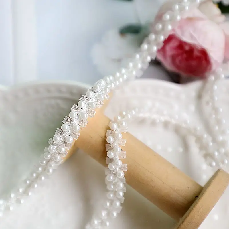 

White Lace Ribbons With Pearls For Clothing Collar Luolta Dress Needlework Accessories Apparel Diy Crafts Supplies Fabric 1yard