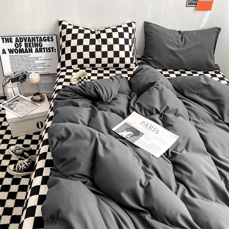 Classical Checkerboard Washed Cotton Brushed 3/4pcs Bedding Set Light Luxury Quilt Cover Duvet Pillowcase Cover Bed Sheet Set