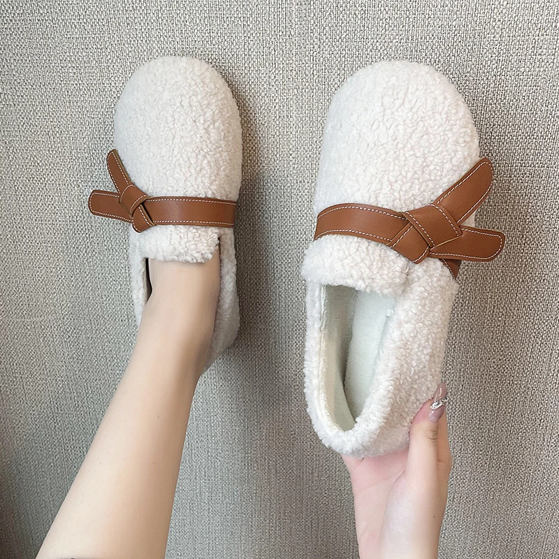 Plush Cotton Shoes 2022 New Fashion Women's Shoes Lamb Wool Plus Velvet Thick Bottom Bow Two Wear Women's Slippers