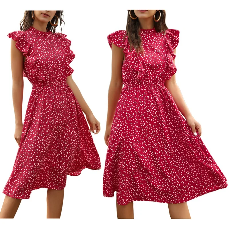 

ASDS-Summer Polka Dot Print Dress Female Casual Butterfly Sleeve Ruffled Mid-Length Dress