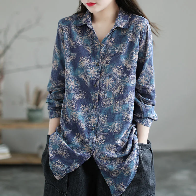 

Woman Spring Autumn Style Blouses Shirts Lady Casual Long Sleeve Turn-down Collar Flower Printed Blusas Tops DF4883