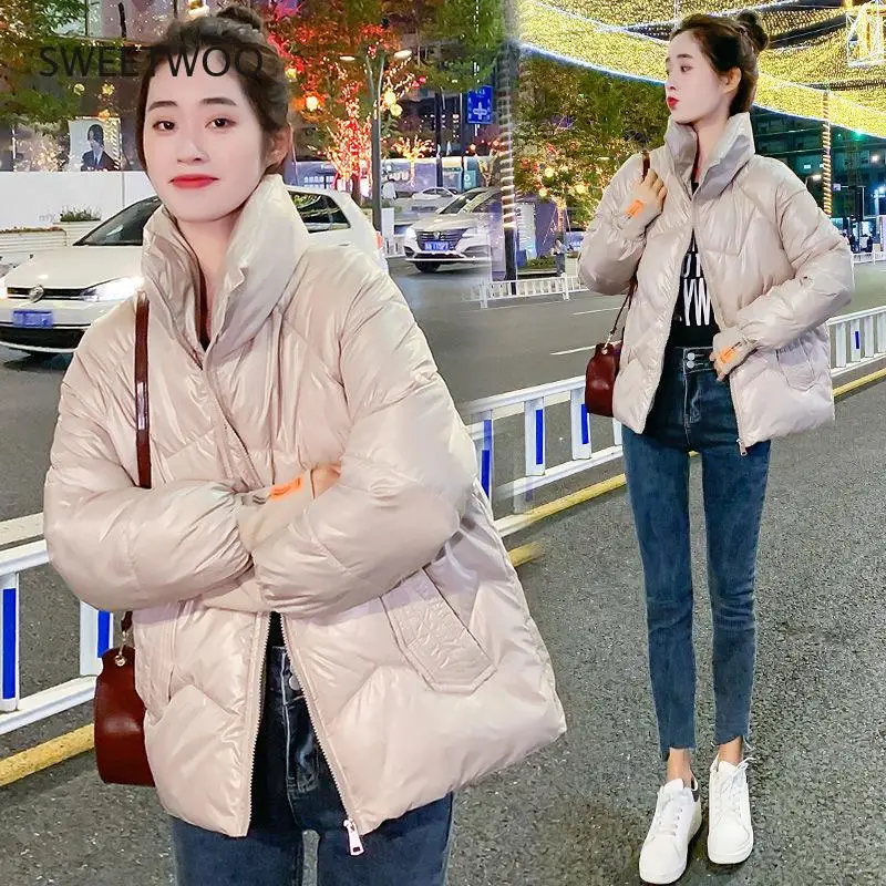 Women's cotton coat Short Stand-up collar 2022 New winter Korean version Glossy Loose Thicken Cotton puffer jacket ladies tide