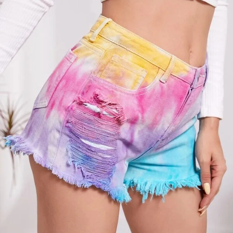 Rainbow Color Rendering Denim Shorts for Women Tie Dye Fashion Pants Slim High Street Sofy and Comfortable Jeans Free Shipping