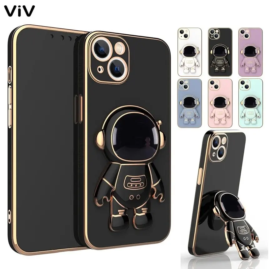 

3D Astronaut Folding Stand Soft Phone Case For iPhone 14 13 12 11 Pro Max XR XS 7 8 Plus SE 2022 Plating ShockProof Case Cover