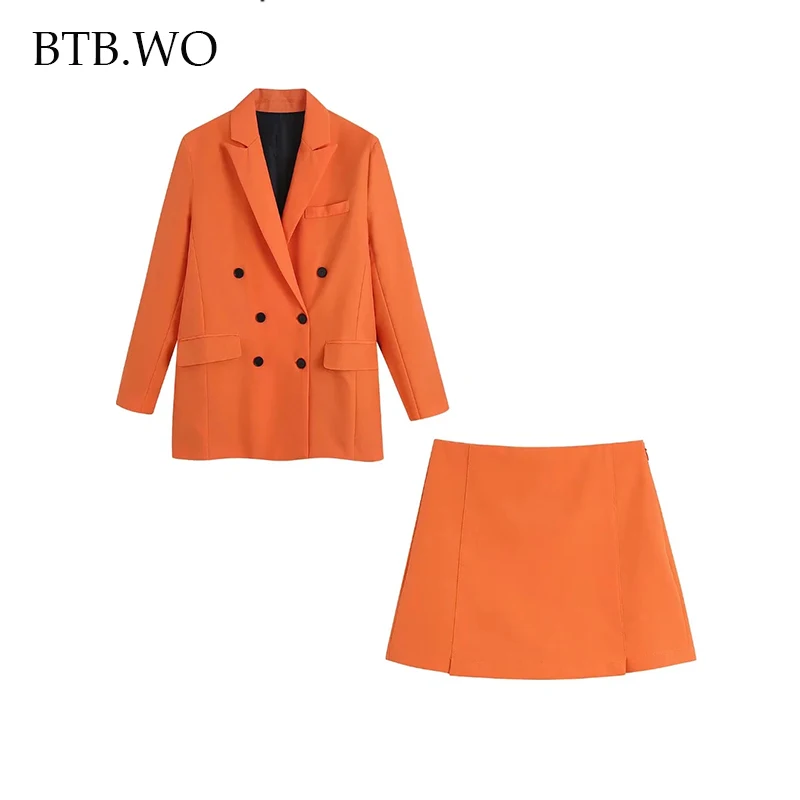 

BTB.WO Za Fashion Front Button Linen Blazer Coat Casual Jacket And Mini Skirt Set Woman 2 Pieces Chic Female Suit
