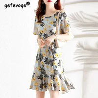 summer holiday fashion floral printed dresses for women casual o neck short sleeve chic lace up female beach midi dress vestidos