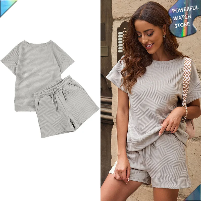 

2Pc Loose Solid Knitted Jacquard Casual Set Comfortable 2023 Summer Sports Style Round Neck Short Sleeve Top Lace Up Shorts Suit