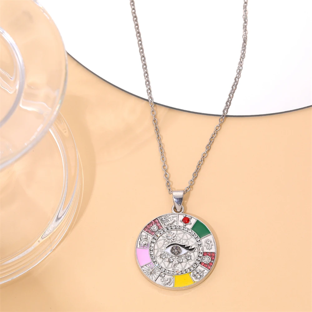 

HUAMI New Devil's Eye Lucky Pendant Necklace Men Women Eyes Clavicle Chain Zircon Compass Round Choker Female Necklace Charms