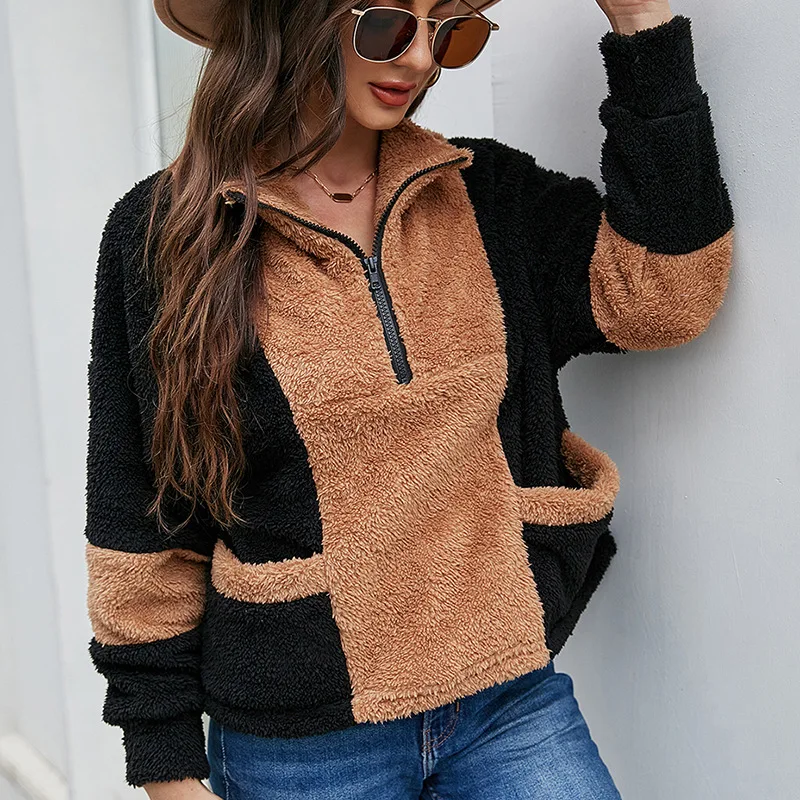 

Осенний женский модный пуловер с лацканами 2021, свитер на молнии в уличном стиле, трендовый Новый Свободный пуловер с длинным рукавом, плюшев...