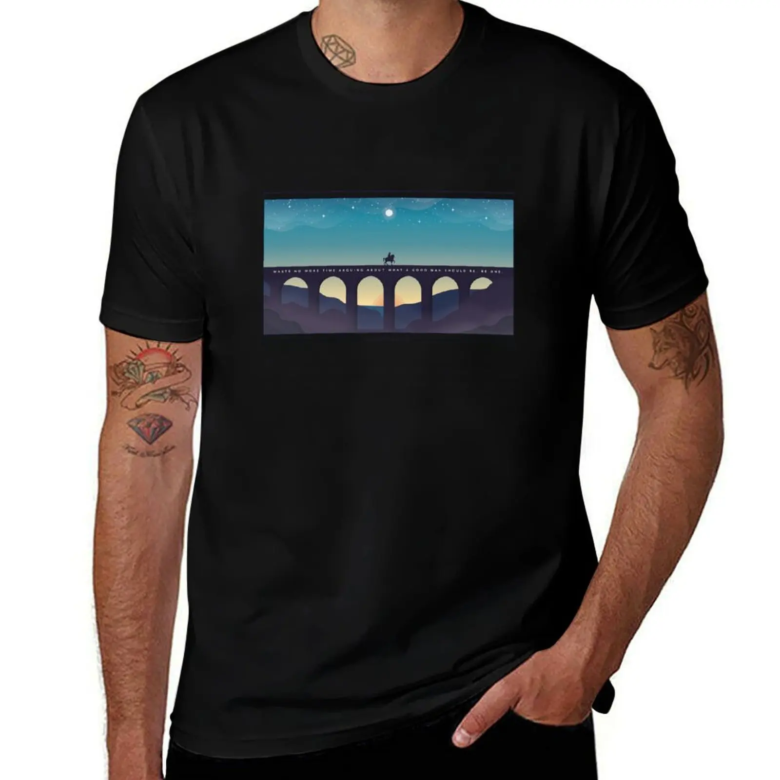 Фото МАРК АУРЕЛИУС - Векторная иллюстрация пейзажа - Футболка с цитатой, уличный стиль, большие размеры №1
