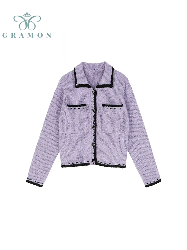 

Loose Patchwork Knitwear Autumn 2022 Women Pockets Cardigans Oversized Long Sleeve Y2K Peter Pan Collar Sweater Casual Chic Tops