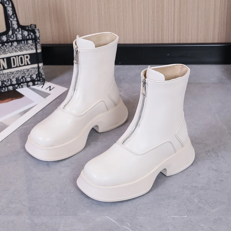Women's Chelsea Boots Genuine Leather Fashion Fur Winter Boots Women Front Zipper British Style Women's Short Boots