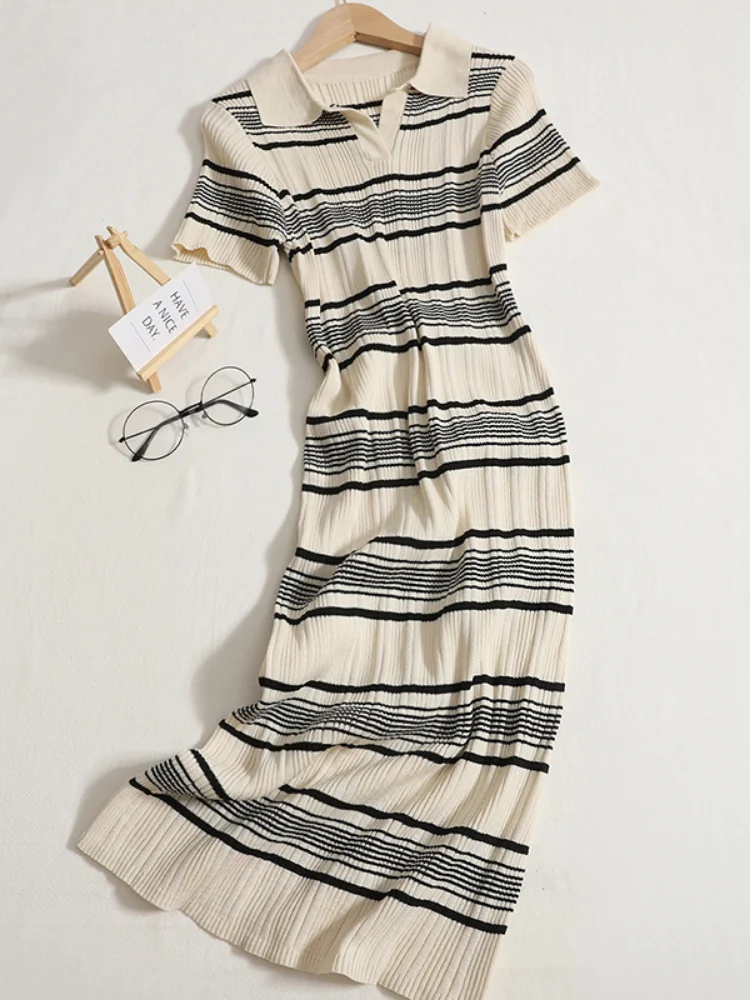 

2023 Knitted Vestidos Striped Korean Fashion Sexy Bodycon Summer Dresses Women Vintage High Waist Robe Femme Stretch