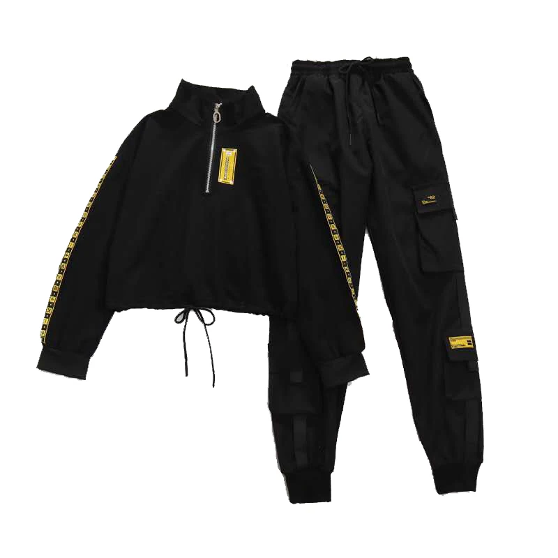 

Black Two-piece Sets Streetwear Cargo Pants Women's High Waist Spring Autumn Casual Student Sweatershirt+ Hiphop Jogger Trousers