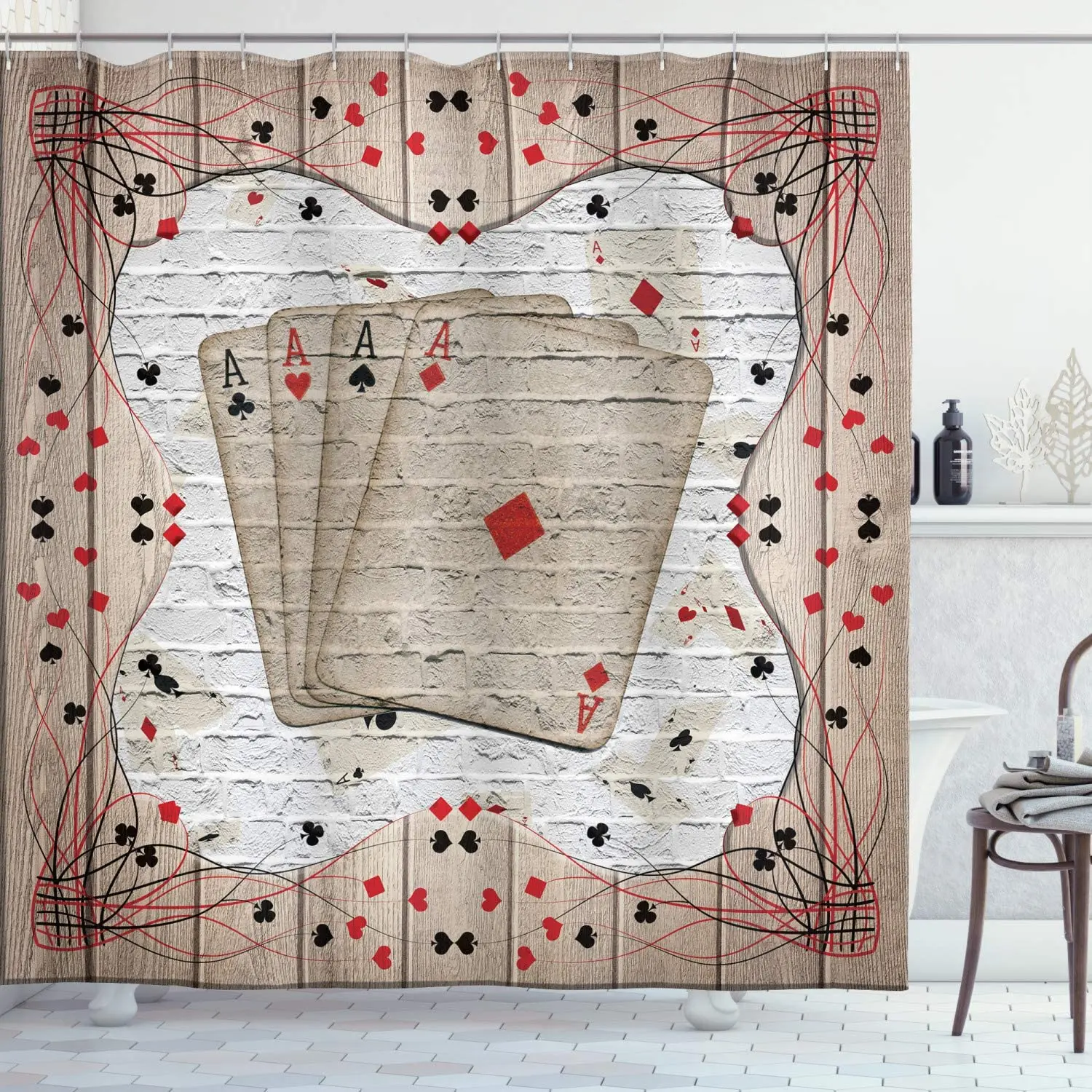 

Casino Shower Curtain, Lucky Gambling Cards on Grunge Wooden and Brick Look Backdrop, Cloth Fabric Bathroom Decor Set