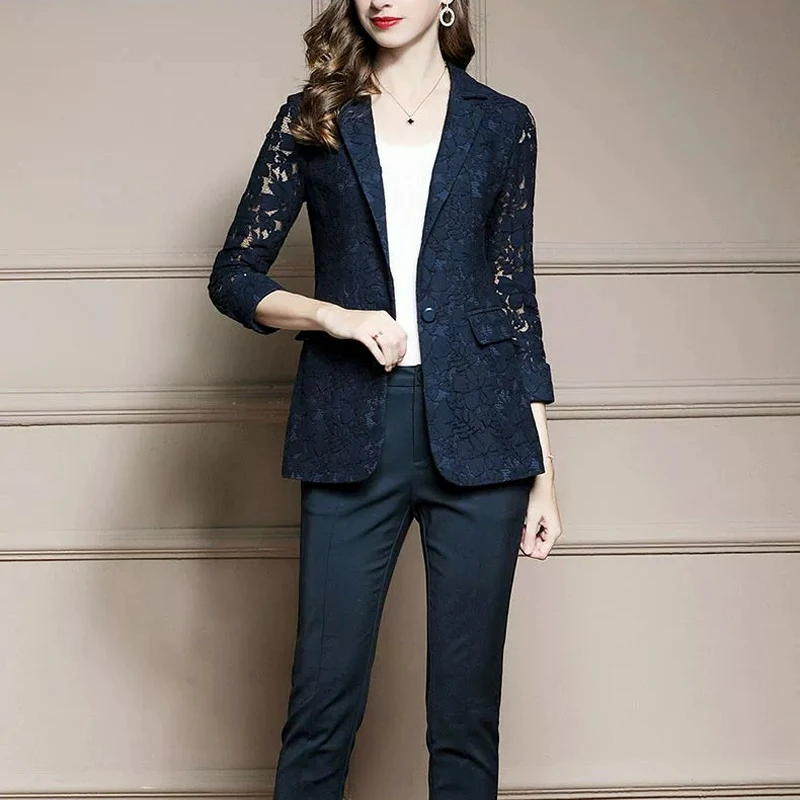 Lace Hollow Out Thin Blazers Women Elegant Single Button Long Sleeve Casual Suits Spring Summer New Fashion Oversized Blazers