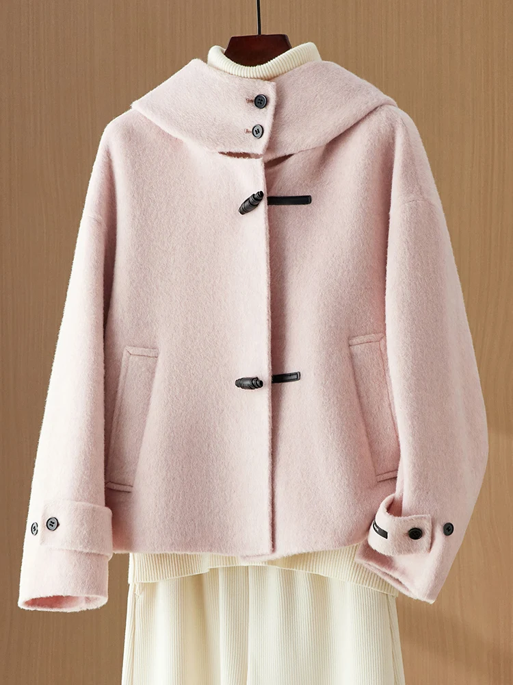 Розовое двустороннее пальто из ангоры с капюшоном женское милое маленькое