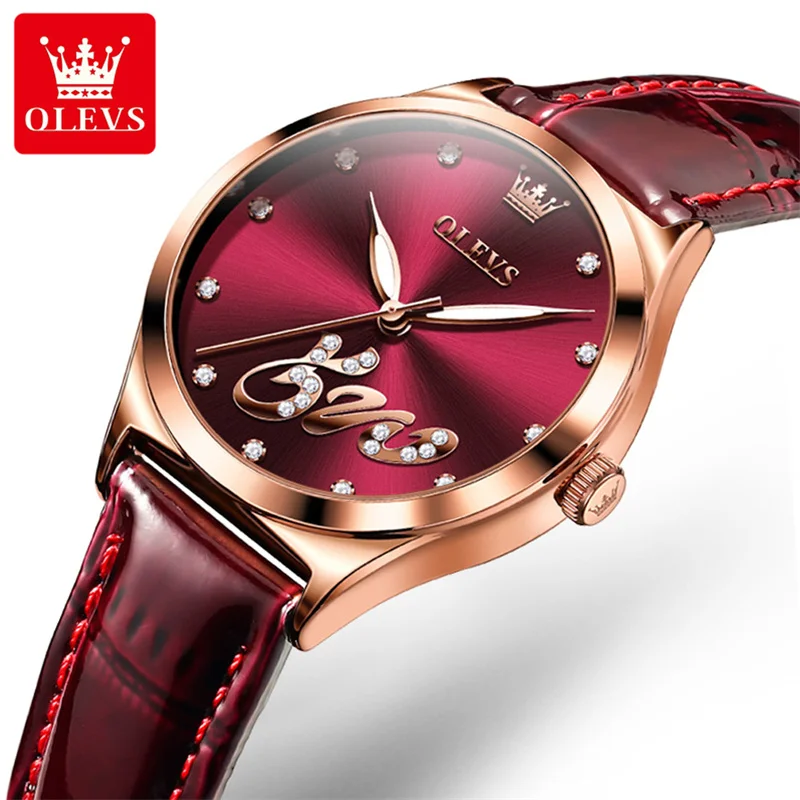 OLEVS Luxury Quartz Watch Girl's Elegant Fashion Red Dial Waterproof Ladies Leather Watches Women High Quality Zegarek Damski