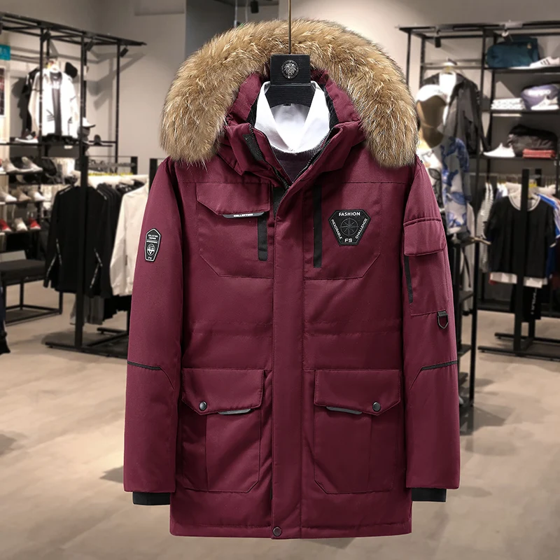 Solid 2022 Winter Men's White Duck Down Jacket Thick Warm Tops Puffer Coat Streetwear Detachable Hood&Fur Collar Parkas Clothes