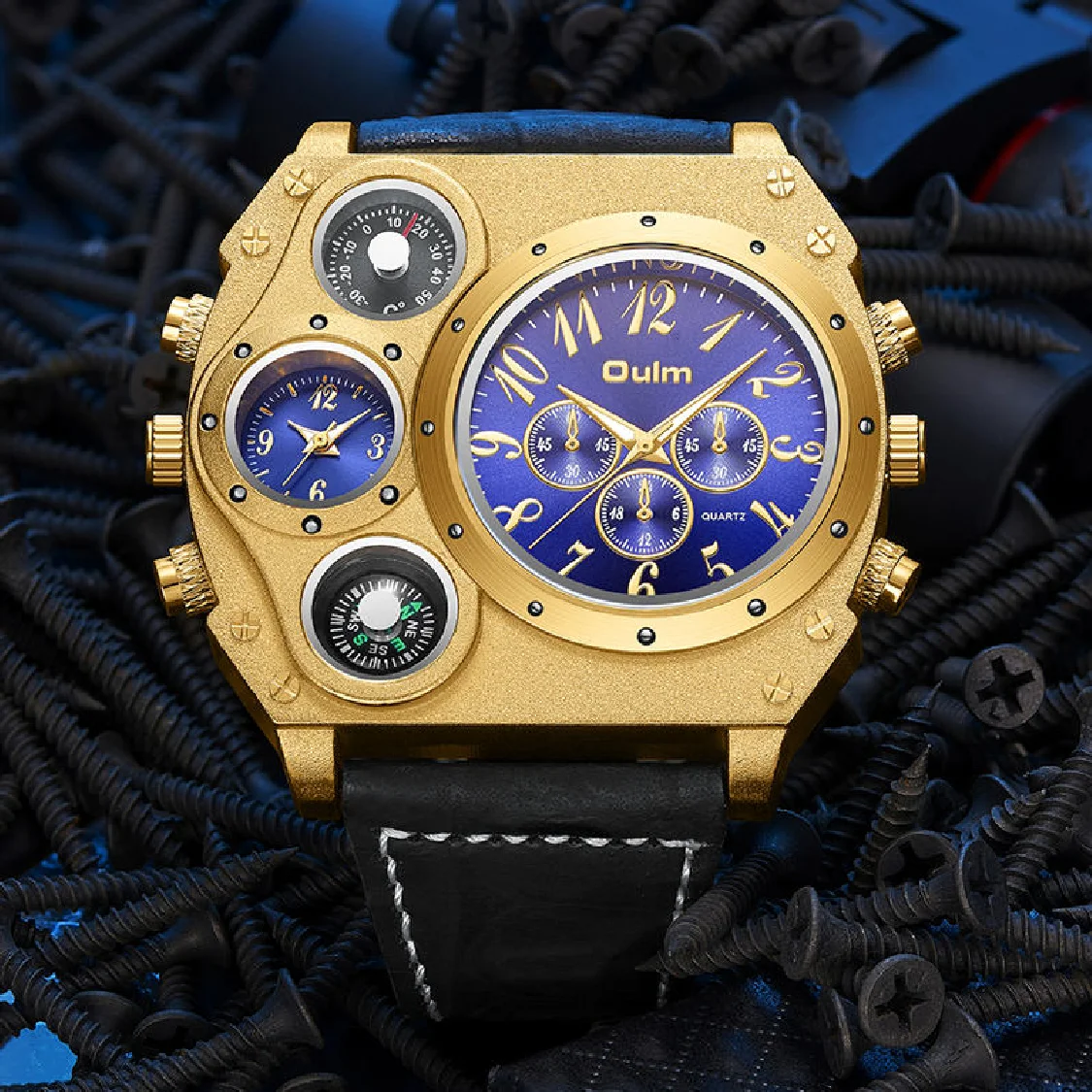 

Oulm 1349 Big Dial Sport Watches Men Luxury Brand Quartz Wristwatch Decorative Compass Military Leather Watch Male Clock