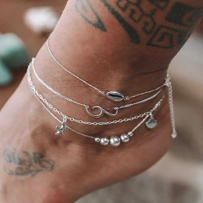 

New 2022 Anklet Vintage Beach Alloy Starfish Shell Waves Multilayer Anklet
